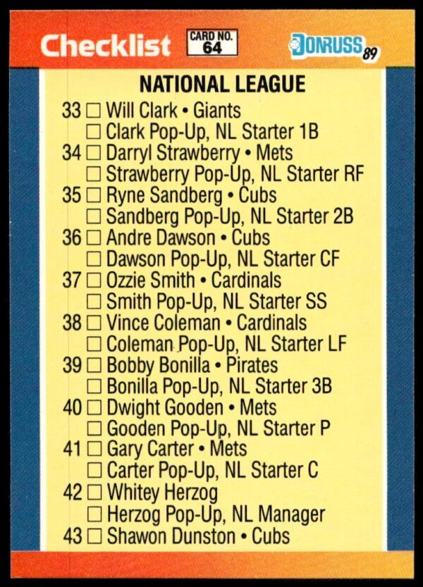 Front of 1989 Donruss NL All-Stars card checklist, cards 33-64, classic sports memorabilia.