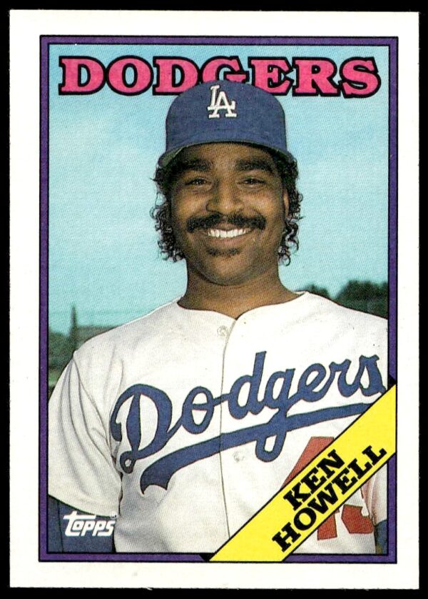 Front of 1988 Topps Ken Howell baseball card, Los Angeles Dodgers, pitching stance.