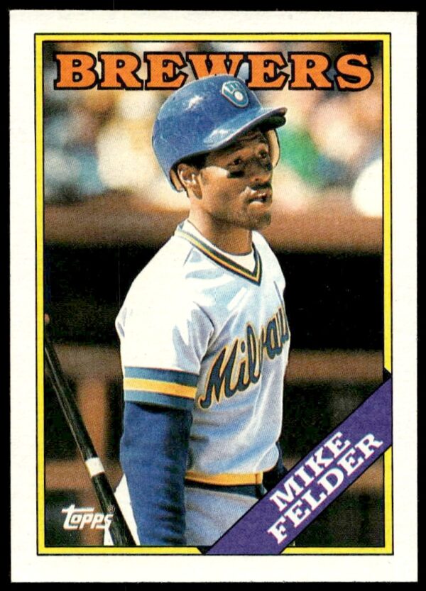 Mike Felder 1988 Topps Baseball Card, Milwaukee Brewers, #718, with bat on shoulder.