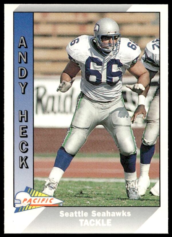Andy Heck 1991 Pacific Football Card #479, featuring dynamic action pose front view.