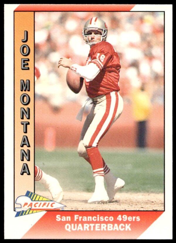 Front of 1991 Pacific #464 football card featuring Joe Montana in 49ers uniform.