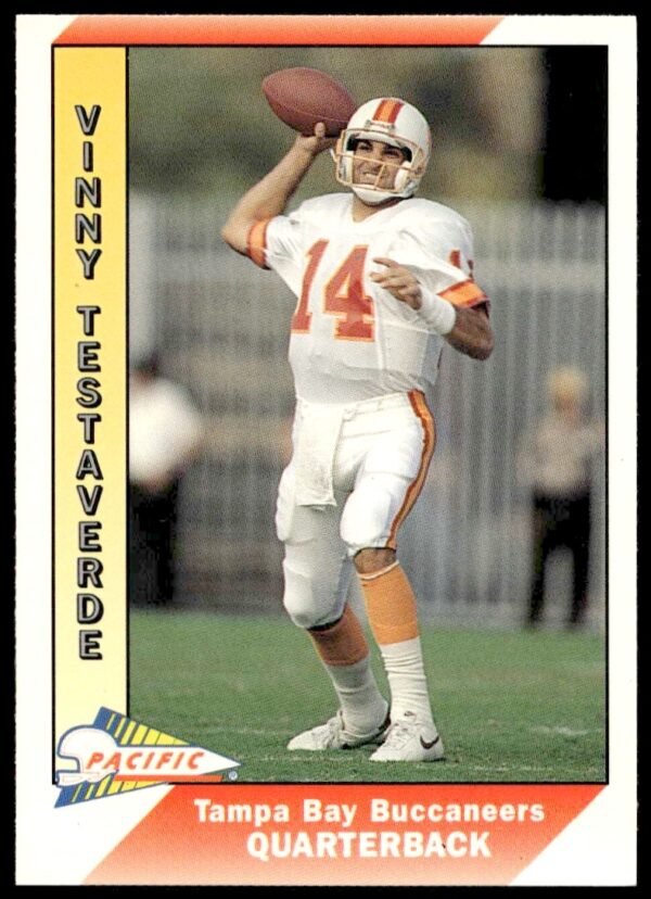 Vinny Testaverde 1991 Pacific Football Card, Tampa Bay Buccaneers, vibrant design.