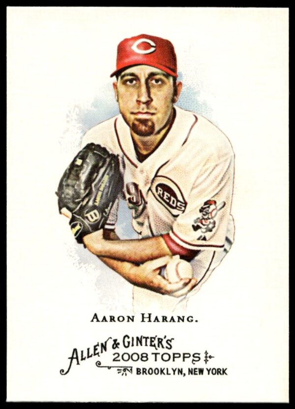 Front of 2008 Topps Aaron Harang Baseball Card #215 in Reds uniform, Allen & Ginter series.