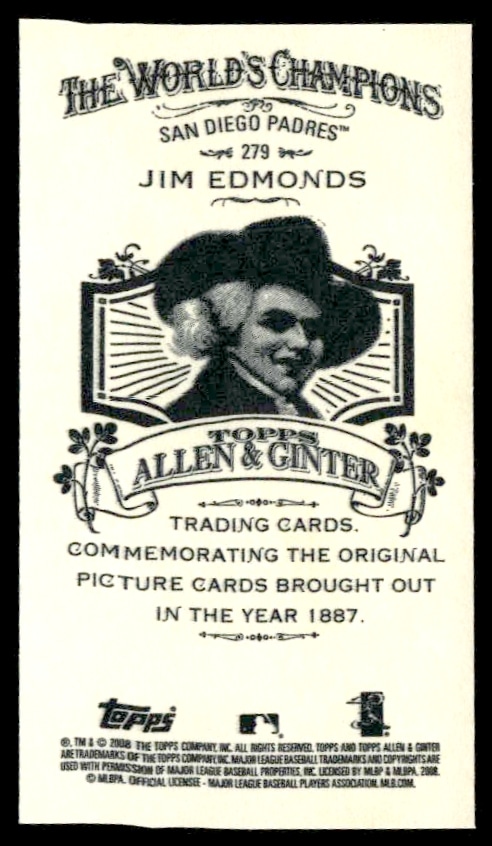 Back of 2008 Jim Edmonds Topps Mini card #279, shows player stats and biographical details.