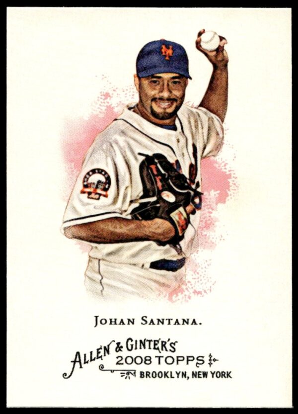 Johan Santana pitching, 2008 Topps Allen & Ginter card #150, Mets vintage design.