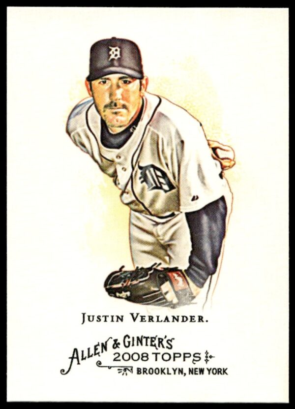 Front of 2008 Topps Allen & Ginter card featuring MLB pitcher Justin Verlander, #165.