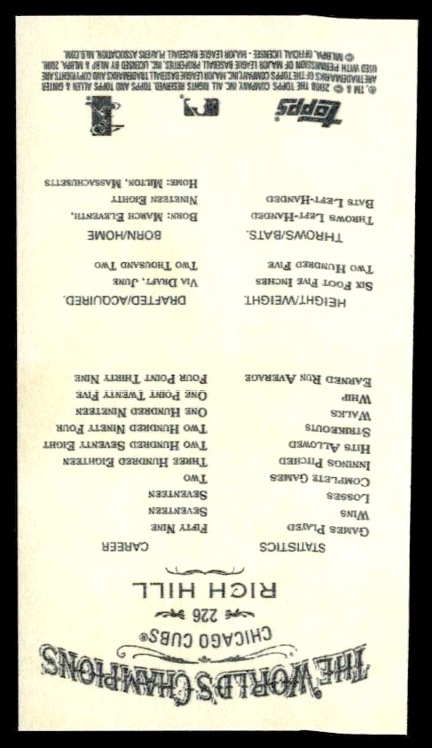 Back of 2008 Topps Allen & Ginter Mini Card #226 featuring Rich Hills stats and info.