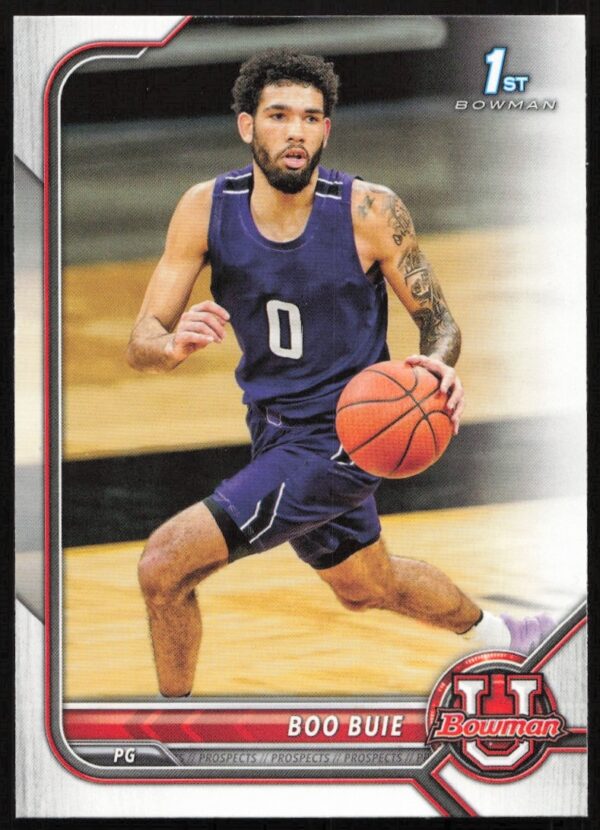 Boo Buie 2021 Bowman University Card #58 showcasing his basketball talent and vibrant design.