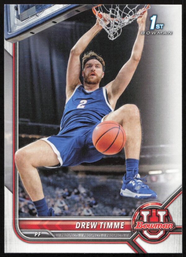 Front view of 2021 Bowman University Drew Timme basketball card #33 featuring an action shot.