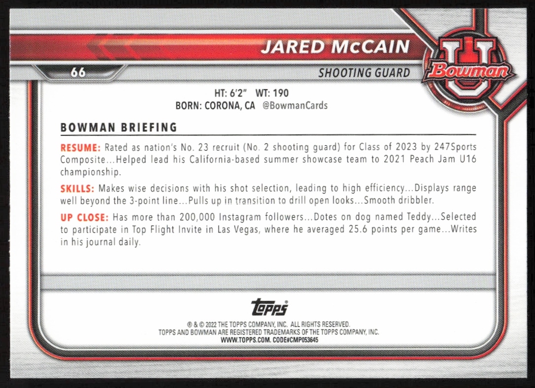 Back of 2021 Bowman University Card featuring basketball player Jared McCains stats and career highlights.