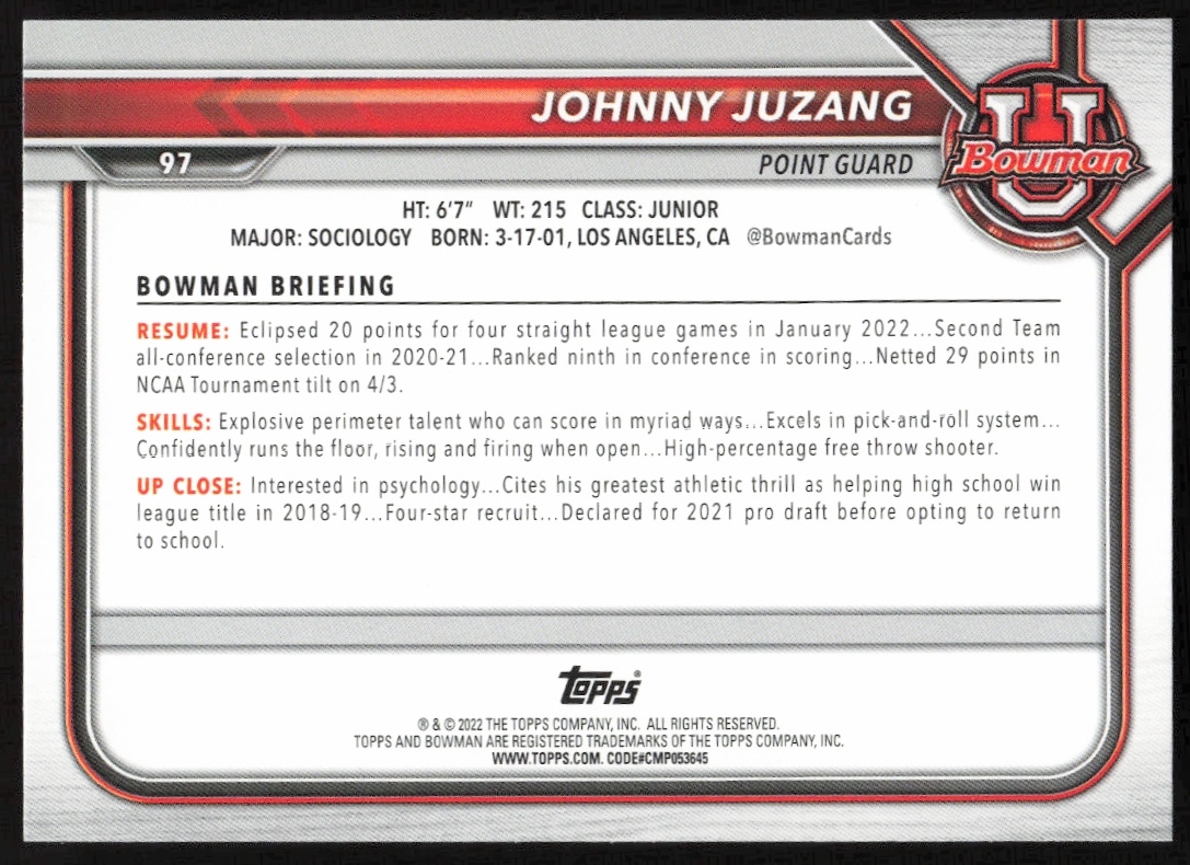 Johnny Juzang 2021 Bowman University Card Back #97 with achievements and stats.