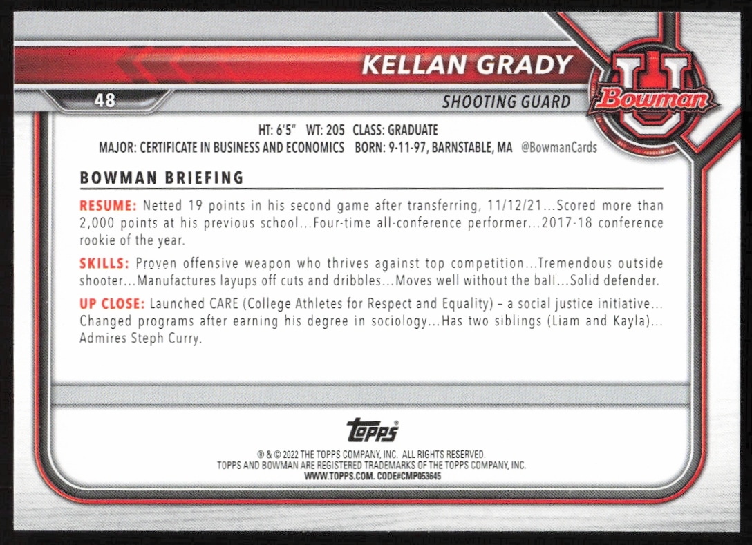 Kellan Grady Bowman University card back, showcasing statistics and biography, 2021 edition.