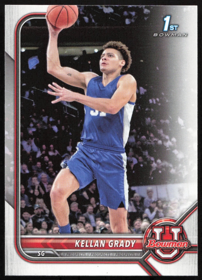 Front view of 2021 Bowman University trading card featuring Kellan Grady in action.