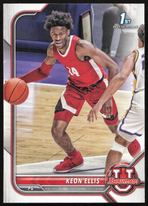 Keon Ellis on the 2021 Bowman University Card #75, showcasing athletic skill in basketball action.