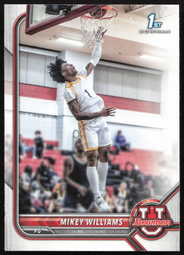 Mikey Williams 2021 Bowman University Card #1, showcasing basketball talent in action.