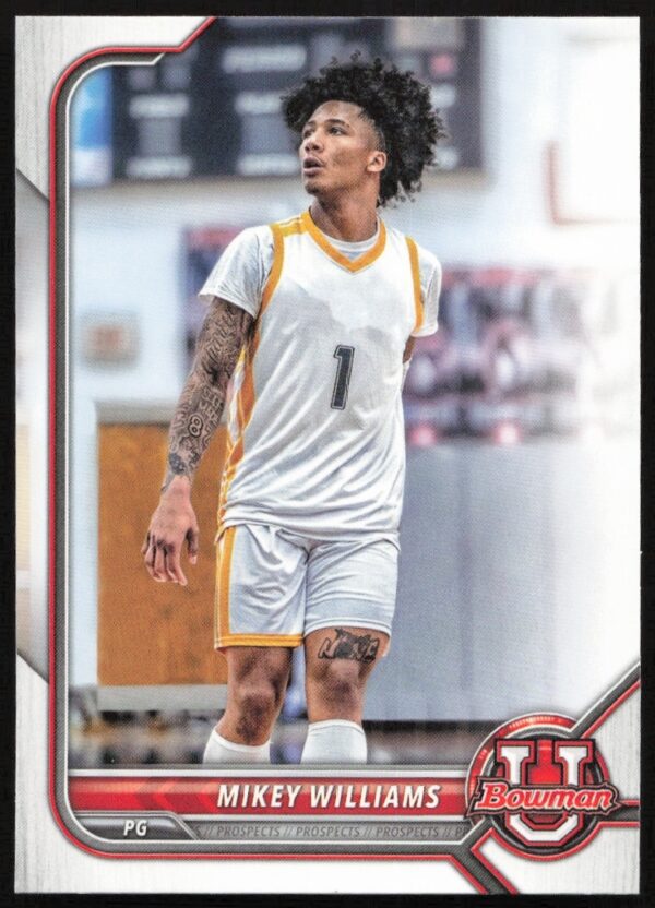 Mikey Williams 2021 Bowman University card showcasing action shot, card number 86, front view.