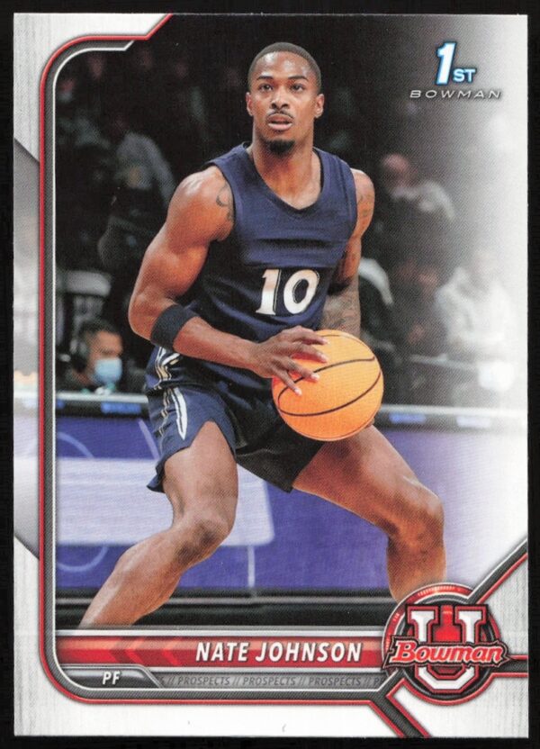 Nate Johnson 2021 Bowman University Card #59, action shot, college athlete in uniform, front view.