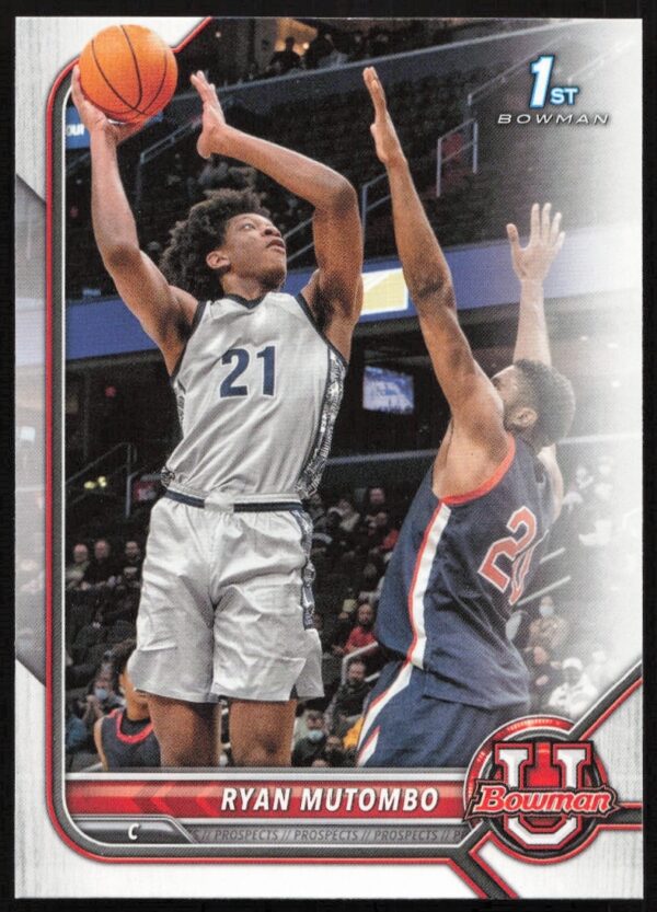 Ryan Mutombo 2021 Bowman University card showcasing athleticism and skill in dynamic action pose.