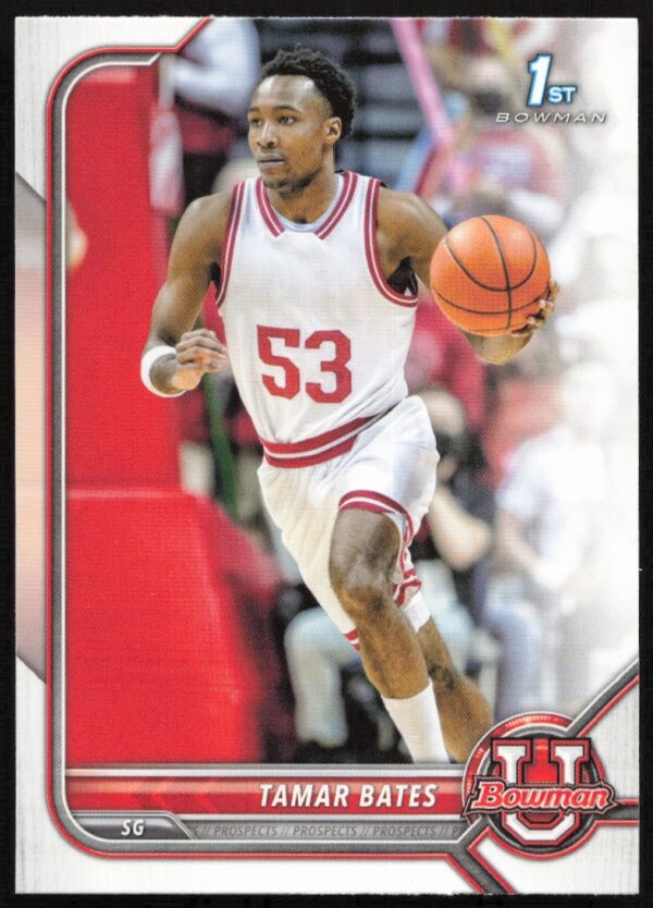 Tamar Bates in 2021 Bowman University basketball card, wearing team uniform, card #39.