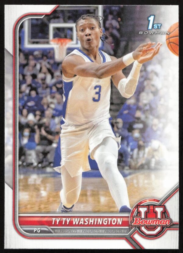 Ty Ty Washington 2021 Bowman University Card #22 showcasing athletic pose in basketball gear.