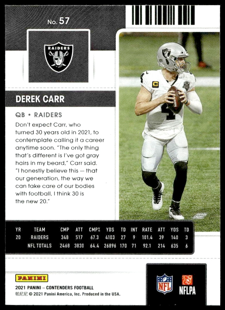 2021 Panini Contenders Derek Carr #57 (Back)