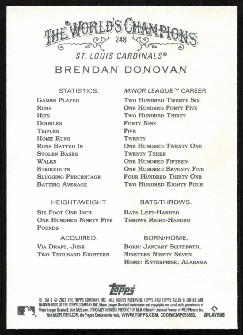 Brendan Donovan 2022 Allen & Ginter card back with stats and career highlights.