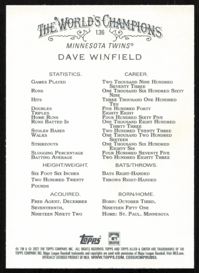 2022 Topps Allen & Ginter Dave Winfield card back with stats and career highlights.