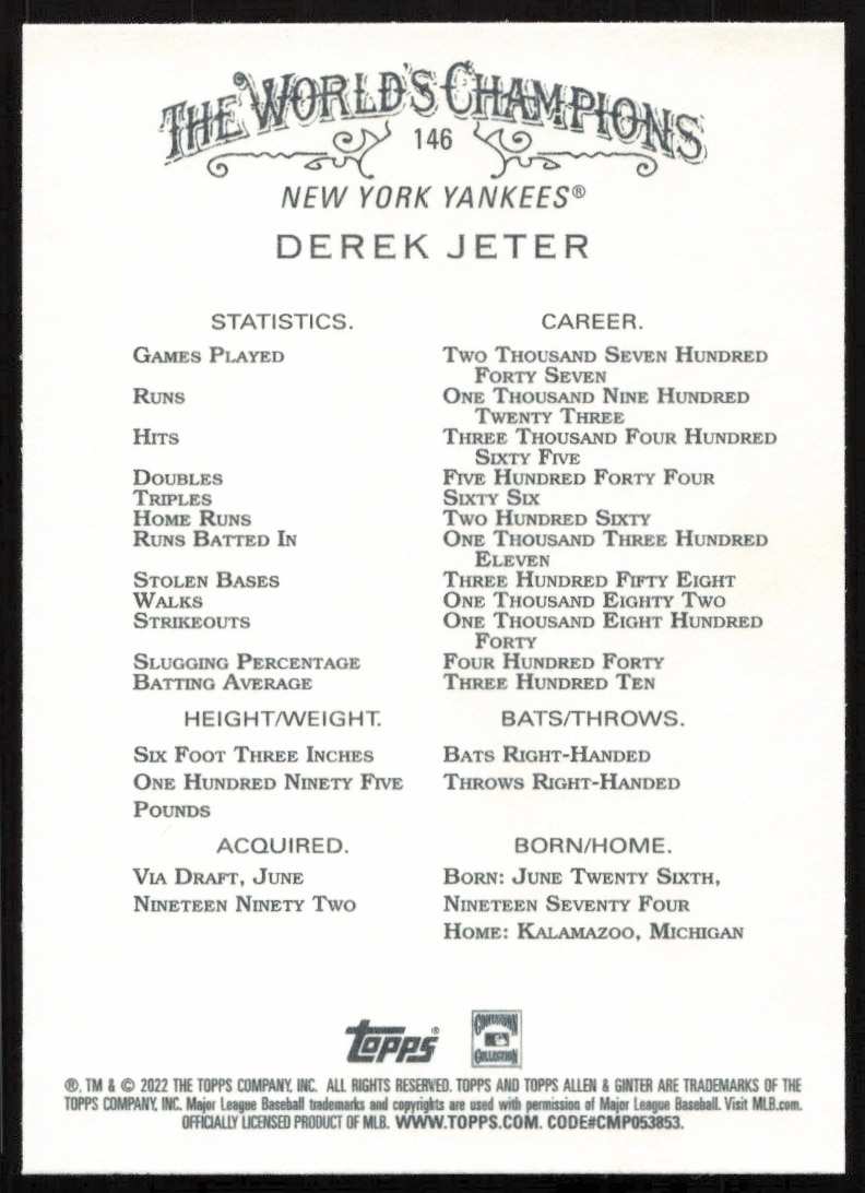 Back of 2022 Topps Allen & Ginter Derek Jeter #146 card with career stats.