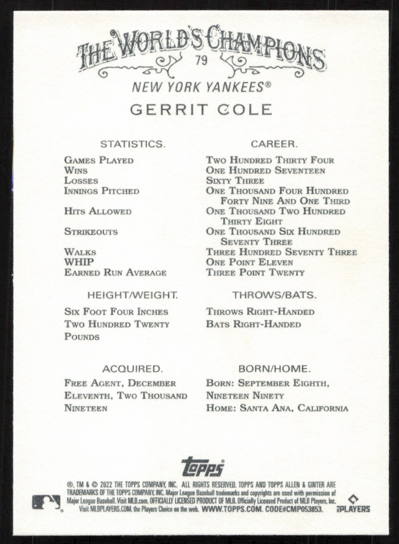 Back of 2022 Topps Allen & Ginter Gerrit Cole card with stats and career highlights.