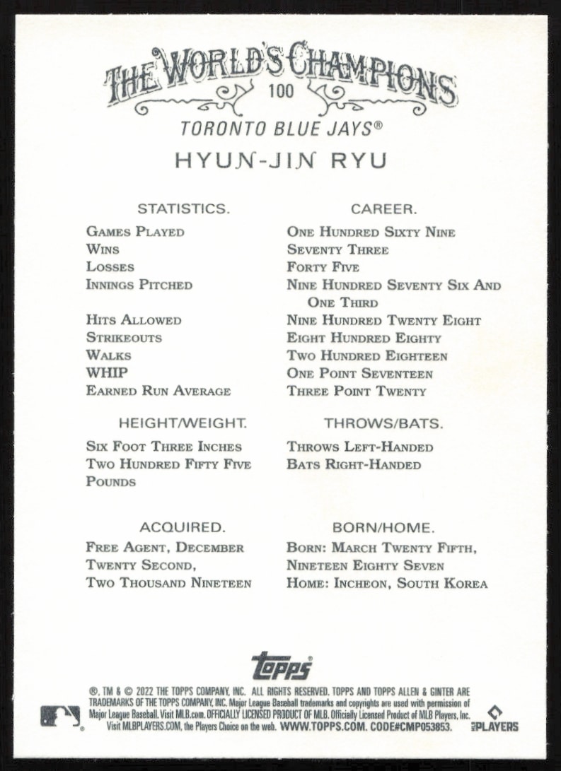 Back of 2022 Topps Hyun-Jin Ryu card #100, featuring stats and career highlights.