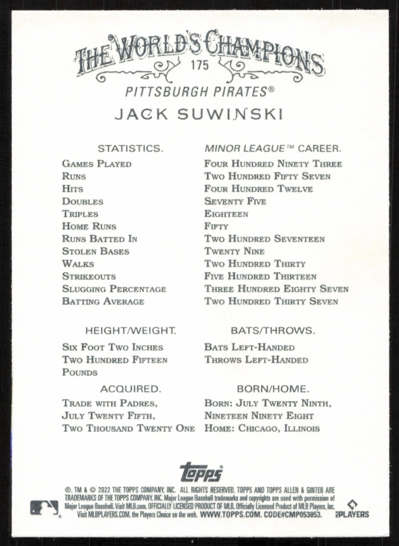 Back of 2022 Topps Allen & Ginter Jack Suwinski card with stats and career highlights.
