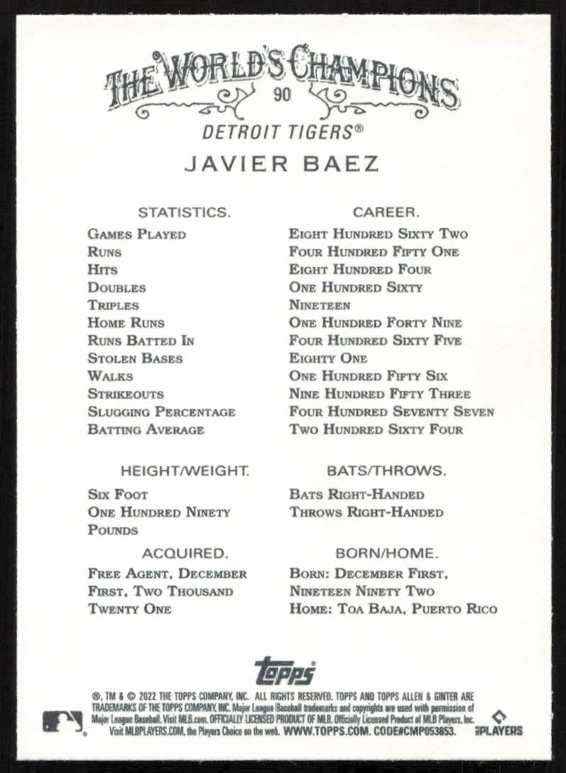 Back of 2022 Topps Allen & Ginter Javier Baez card with stats, trivia, and graphics.