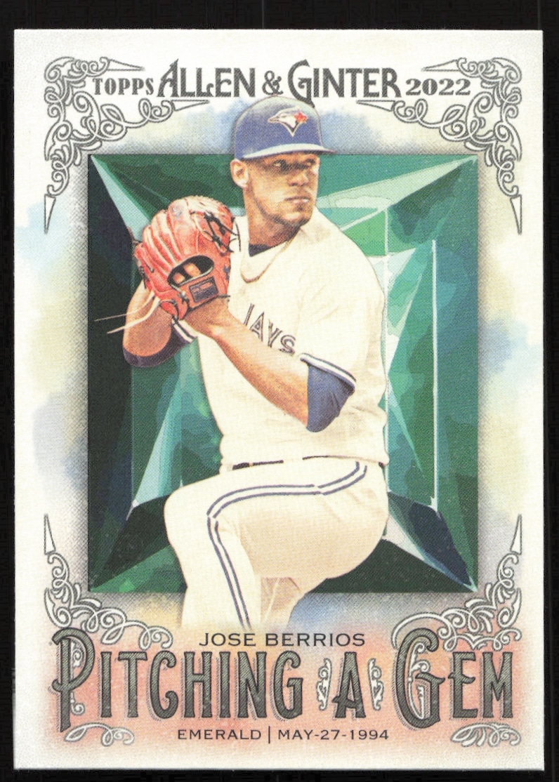 Jose Berrios 2022 Topps Allen & Ginter card, Pitching a Gem, featuring vibrant pitching action.