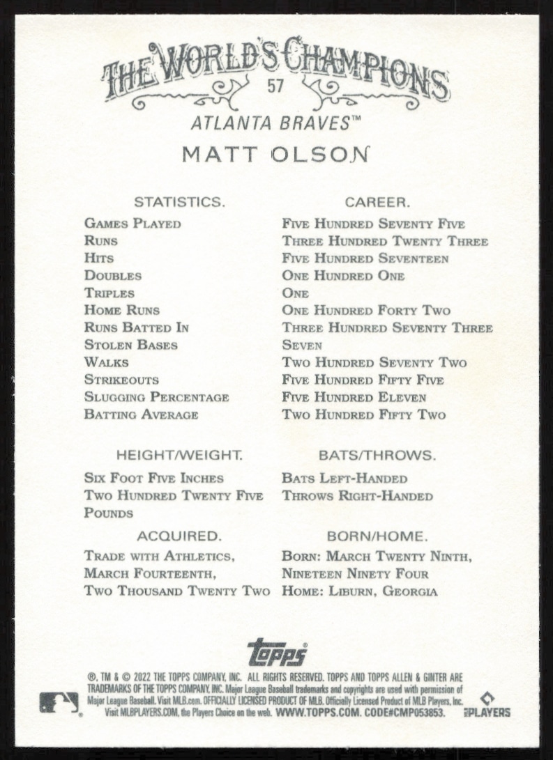 Matt Olson 2022 Topps Allen & Ginter card back featuring stats, bio, and career highlights.