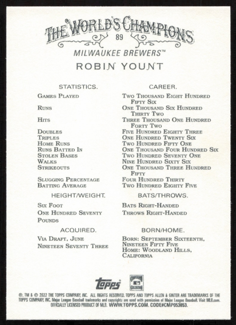 Robin Yount card back from 2022 Topps Allen & Ginter series, featuring stats and bio.