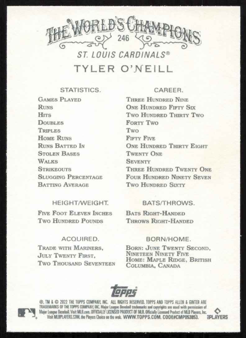 Back of 2022 Topps Allen & Ginter card for Tyler ONeill, highlighting his stats and achievements.