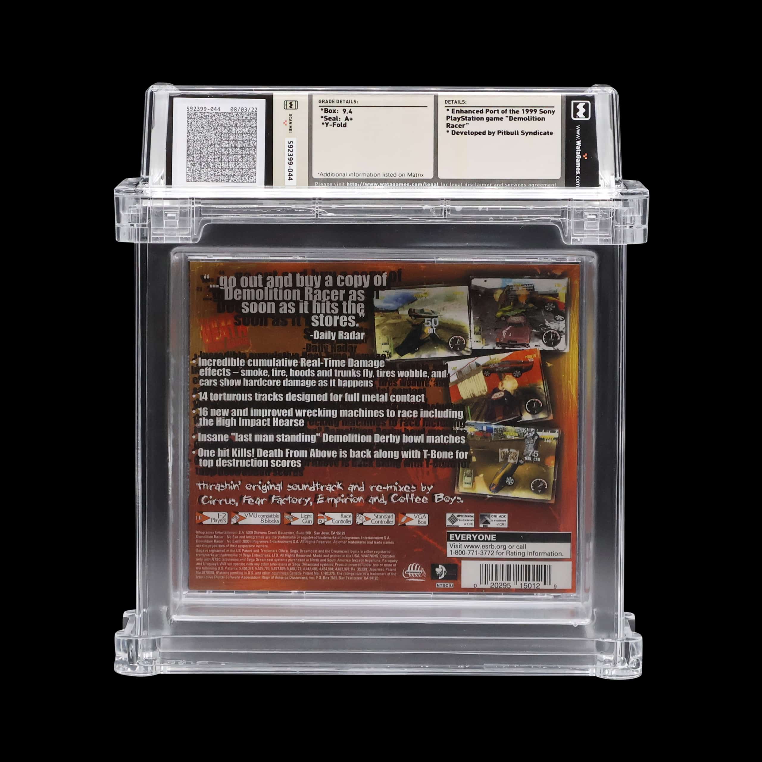 Preserved PS2 game, Demolition Racer No Exit, in transparent protective display case.