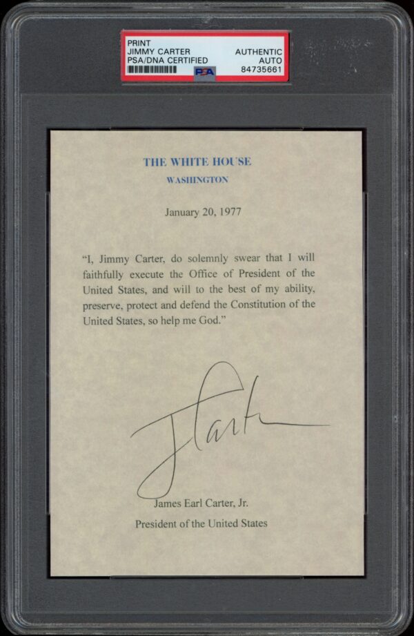 PSA-certified autograph of Jimmy Carters Presidential Oath, key memorabilia in American political history.