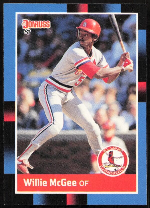 Willie McGee 1988 Donruss card #307, St. Louis Cardinals, action pose, blue background.
