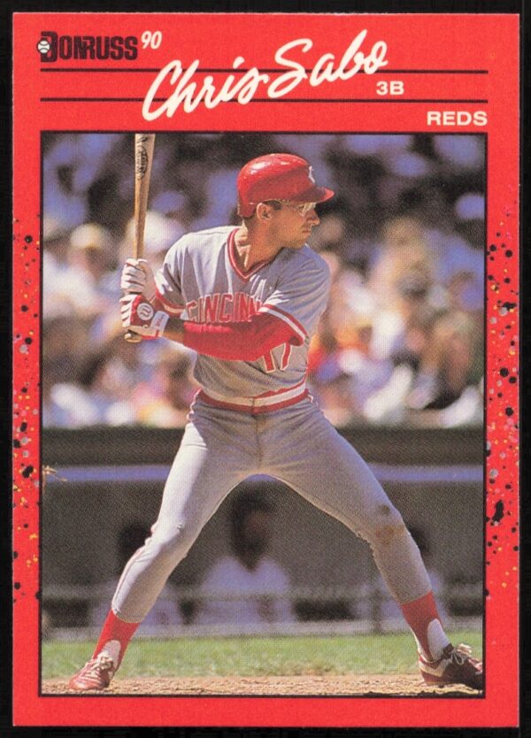 Front view of 1990 Donruss Chris Sabo baseball card #242, featuring iconic Reds third baseman.