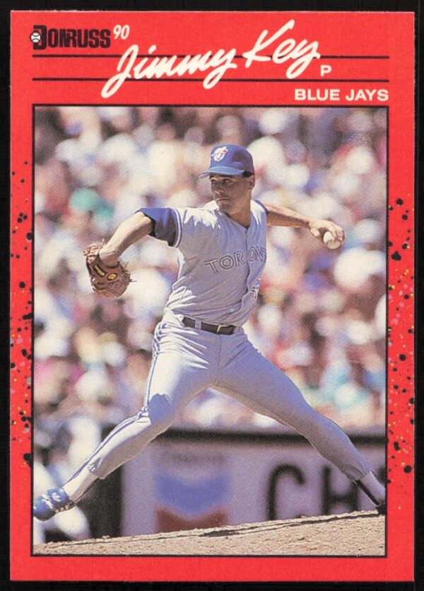 Jimmy Key 1990 Donruss baseball card, Toronto Blue Jays pitcher, dynamic pose.