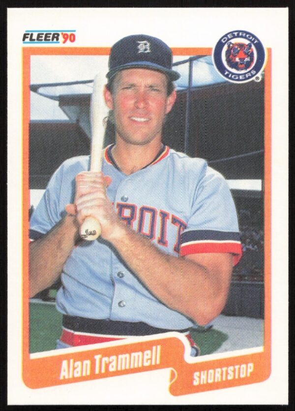 Alan Trammell 1990 Fleer Baseball Card #617 featuring Detroit Tigers shortstop in action.