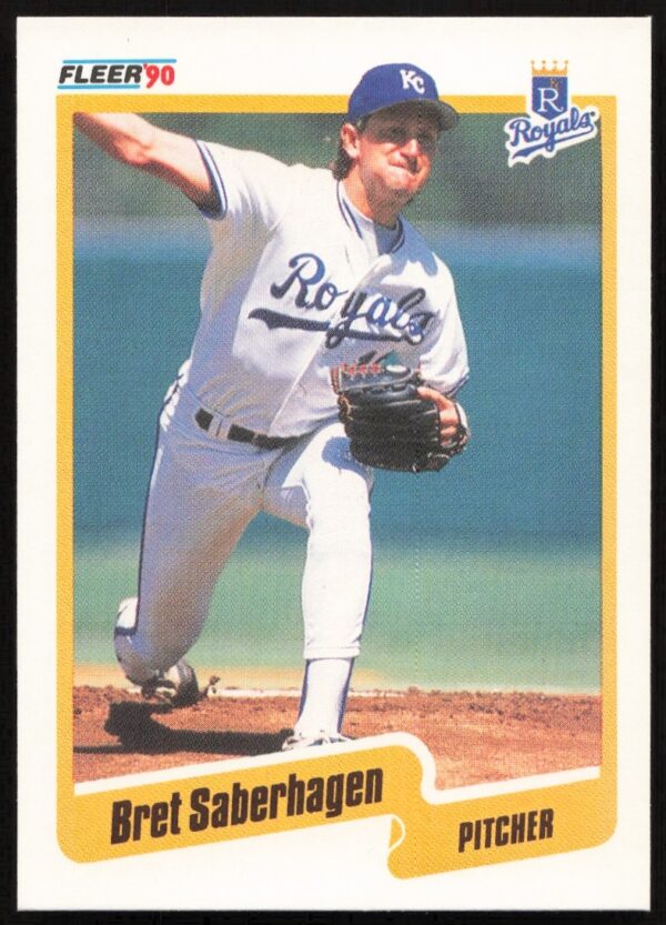 Front view 1990 Fleer Bret Saberhagen baseball card #116, featuring him pitching for Royals.