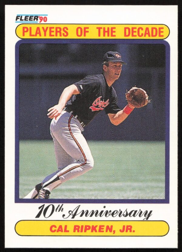 1990 Fleer baseball card featuring Baltimore Orioles legend Cal Ripken Jr. in action.