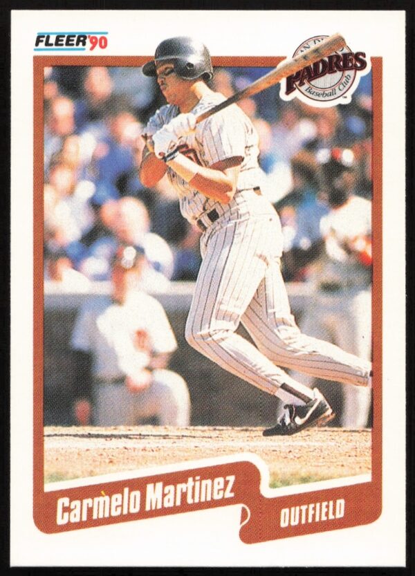 Dynamic action photo of Carmelo Martinez mid-swing, 1990 Fleer baseball card, Chicago Cubs uniform.