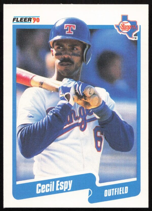 Cecil Espy 1990 Fleer card #295, Texas Rangers, action shot, player stats visible.