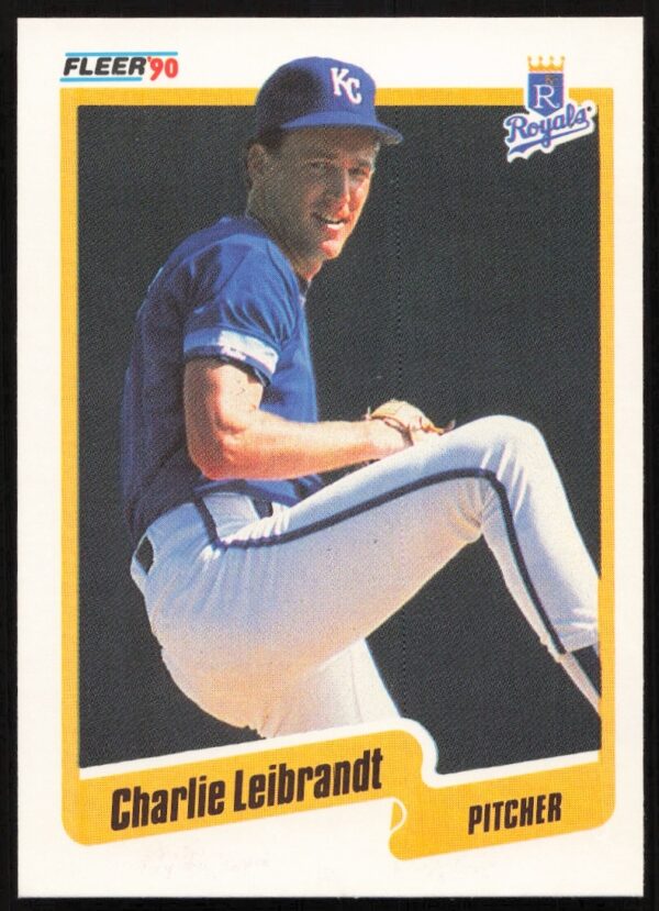 Charlie Leibrandt pitching, 1990 Fleer baseball card #112, Kansas City Royals.