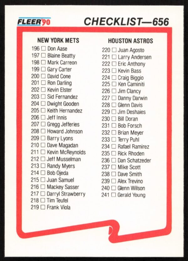Front of 1990 Fleer Baseball Card Checklist #656 with player names and numbers.