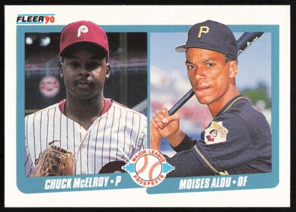 1990 Fleer baseball card #650 featuring players Chuck McElroy and Moises Alou.