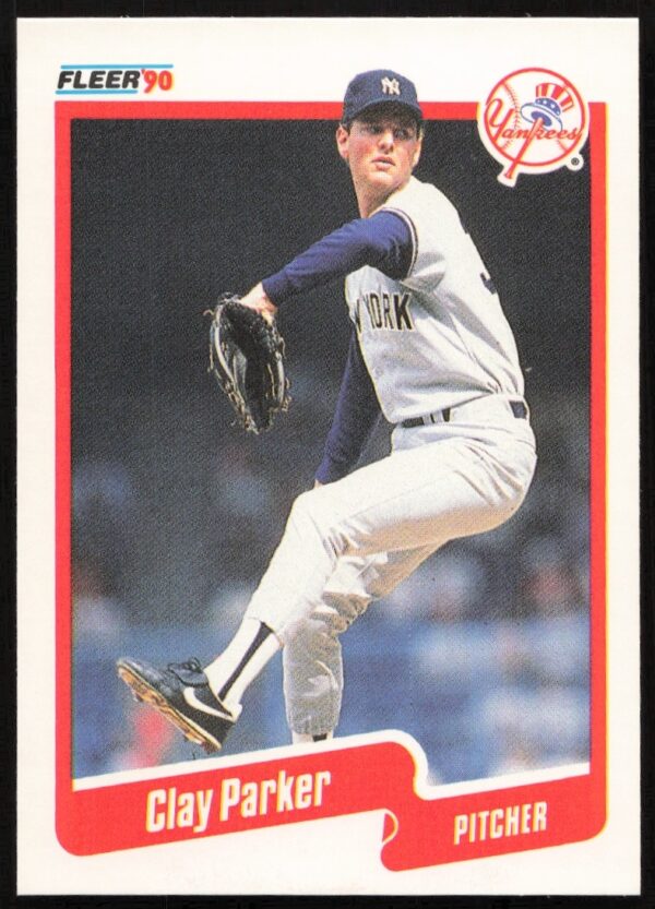 Clay Parker 1990 Fleer baseball card, Yankees uniform, #451, mid-action pose.